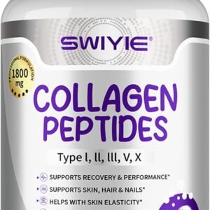 SWIYIE Complejo de Colágeno Múltiple: Péptidos Hidrolizados Tipo I, II, III, V,X. Apoyo para Piel, Cabello, Uñas y Articulaciones. Sin Sabor, Sin OGM, Sin Gluten. 120 Cápsulas.